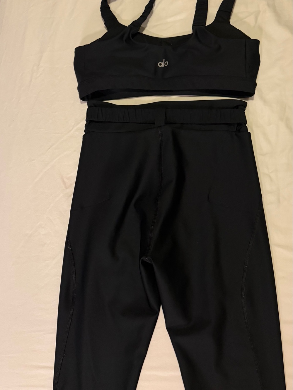 ALO Yoga Black Ruched-Strap Sports Bra (M) and High-Rise Leggings(S) - Picture 3 of 7